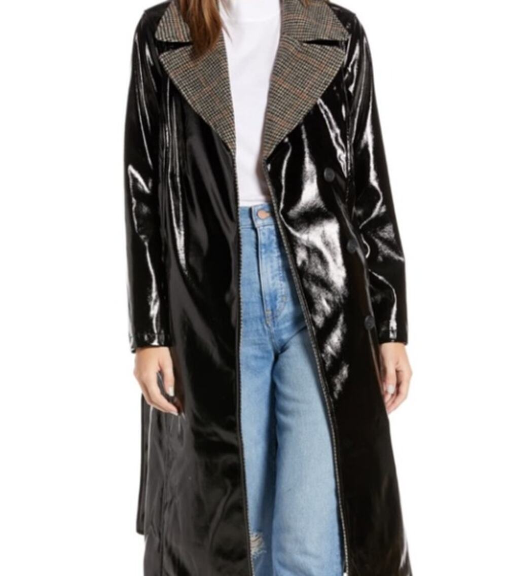 Something Navy Gloss Trench Coat Belted Black Size Medium goth matrix Jacket NEW